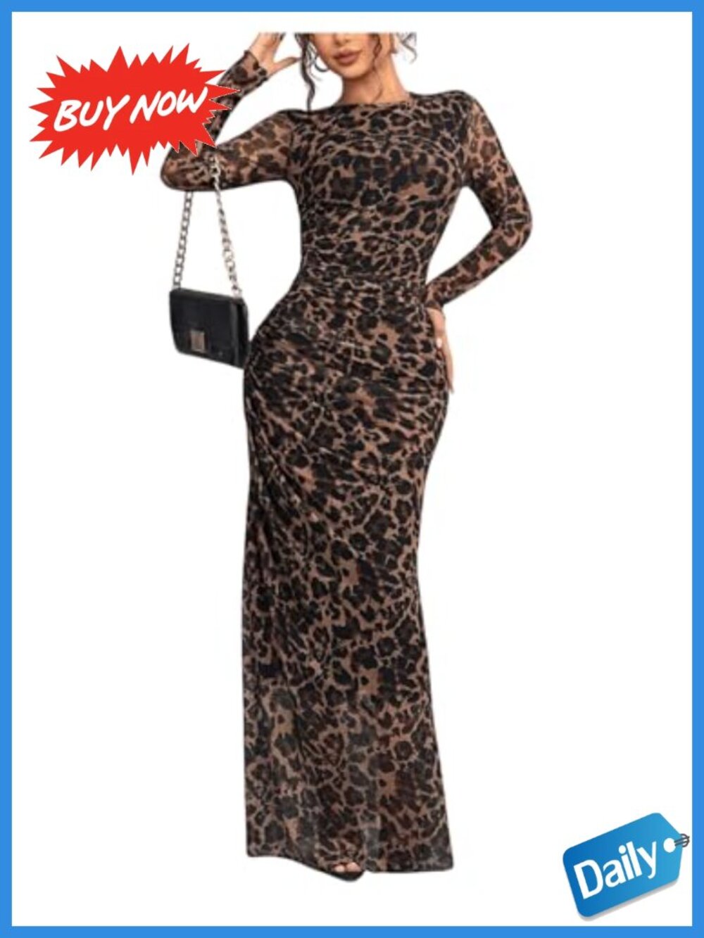 Y2K Cheetah Print Mesh Sheer Maxi Dress Long Sleeve Bodycon